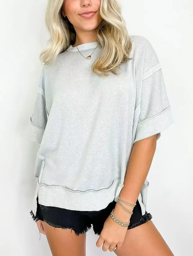 New Round Neck Loose Patchwork Sweater T shirt Light Gray - Shop at LoveMi