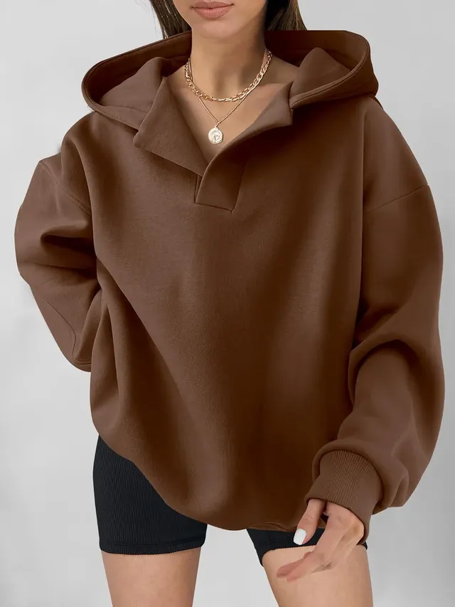 Women's Solid Color Hoodies Long Sleeve Hooded Solid Color Loose Sweater Dark Brown - Shop at LoveMi