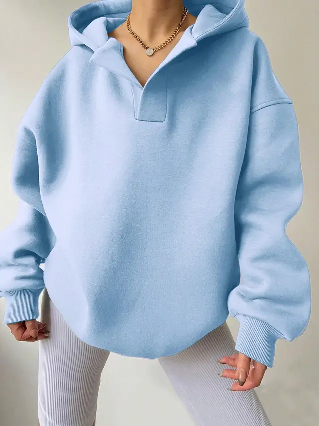 Women's Solid Color Hoodies Long Sleeve Hooded Solid Color Loose Sweater Light Blue - Shop at LoveMi