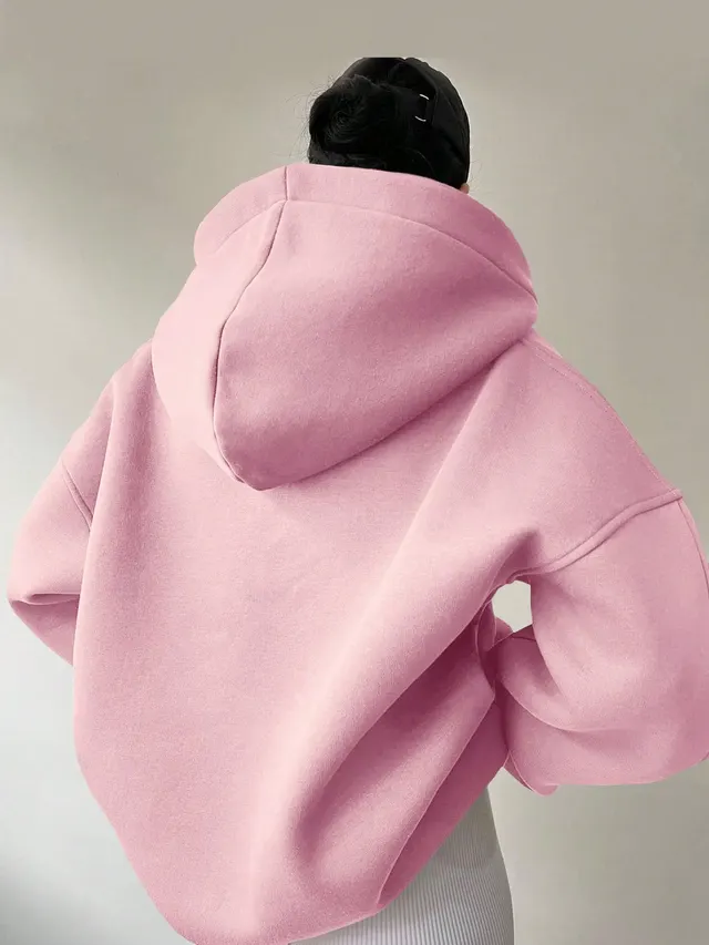 Women's Solid Color Hoodies Long Sleeve Hooded Solid Color Loose Sweater Pink - Shop at LoveMi