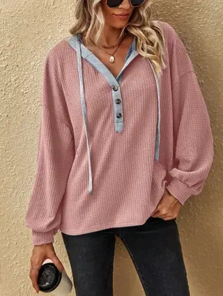 Casual Button Hooded Loose Long Sleeves Sweater For Women - Pink