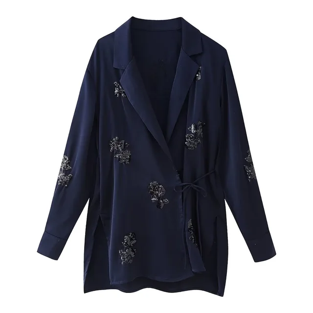 Summer Sequins Shirt Jacket Bead Decoration High waisted Trousers Blue Jacket - Shop at LoveMi