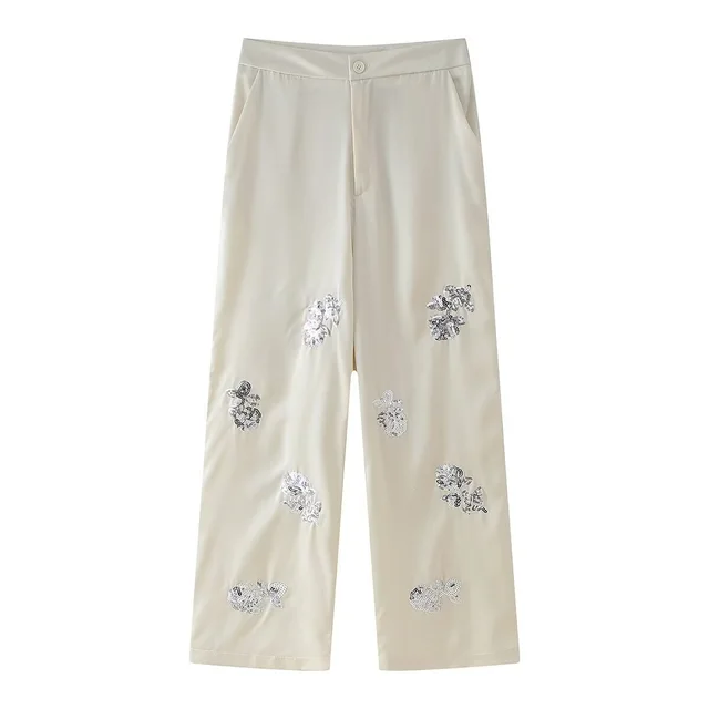 Summer Sequins Shirt Jacket Bead Decoration High waisted Trousers White Pants - Shop at LoveMi