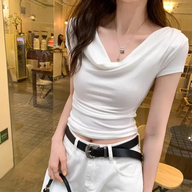 Pure Desire Swing Collar Short sleeved T shirt Design Blouse White - Shop at LoveMi