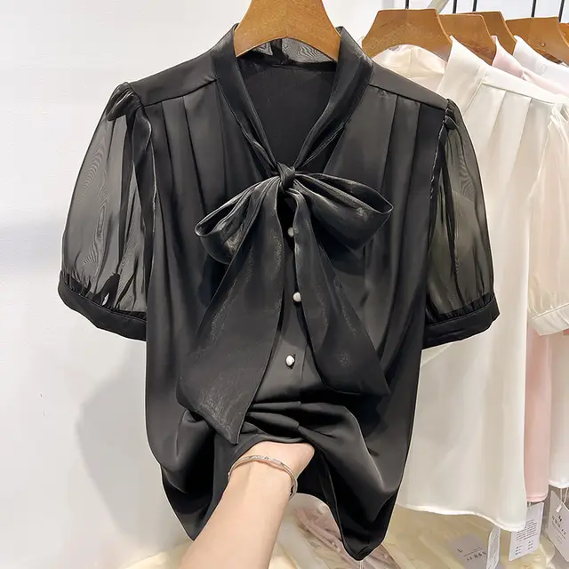 Pure Color Tied Single breasted Short Sleeve Shirt For Women Black - Shop at LoveMi