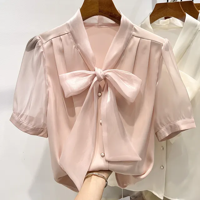 Pure Color Tied Single breasted Short Sleeve Shirt For Women Pink - Shop at LoveMi