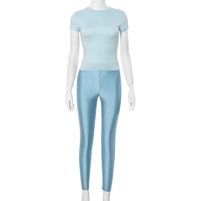 European And American Round Neck Short Sleeve High Waist Slimming Pants Casual Suit Blue - Shop at LoveMi