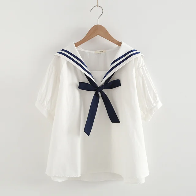 Elegant Cotton Pullover Sailor Collar Loose Women's Shirt White And Dark Blue Tie - Shop at LoveMi