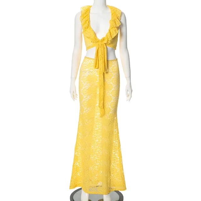 Women's Lace Top High Waisted See Through Long Skirt Two piece Set Yellow - Shop at LoveMi