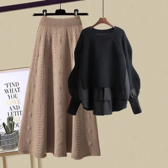 Women's Fashion Wear Loose Western Style Lazy Style Sweatshirt Slimming Skirt Two piece Set Black Top Brown Skirt - Shop at LoveMi