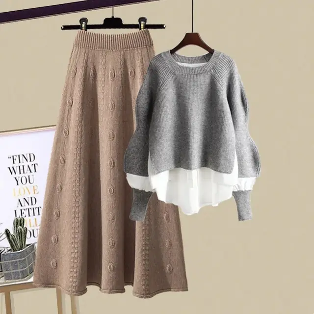 Women's Fashion Wear Loose Western Style Lazy Style Sweatshirt Slimming Skirt Two piece Set Gray Top Brown Skirt - Shop at LoveMi