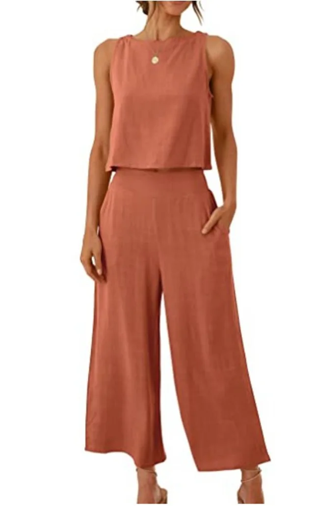 Sleeveless Vest Cropped Wide leg Pants Suit Orange - Shop at LoveMi