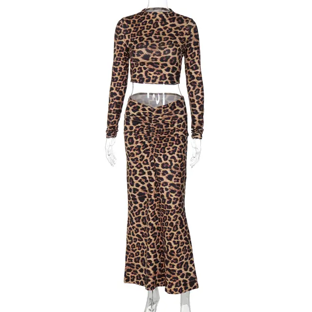 Leopard Print Elastic Pleating Skirt Long Sleeve Elegant Stretch Suit Leopard Print - Shop at LoveMi