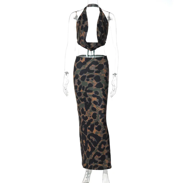 Irregular Deep V Sexy Animal Pattern Skirt Backless Wrapped Chest Skirt Suit Leopard Print - Shop at LoveMi