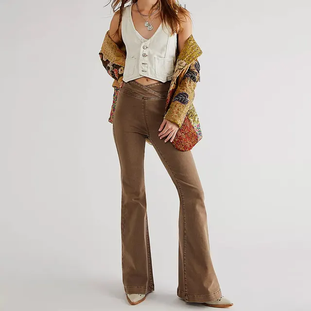 Women's Waist Irregular Slim fit Slimming Stretch Denim Flared Pants Brown - Shop at LoveMi