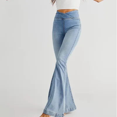 Women's Waist Irregular Slim fit Slimming Stretch Denim Flared Pants Light Blue - Shop at LoveMi