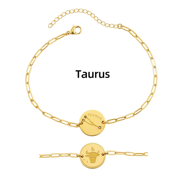 Titanium Steel 18K Gold Round Plate Twelve Constellation Star Chart Inlaid With Diamonds Bracelet Taurus - Shop at LoveMi