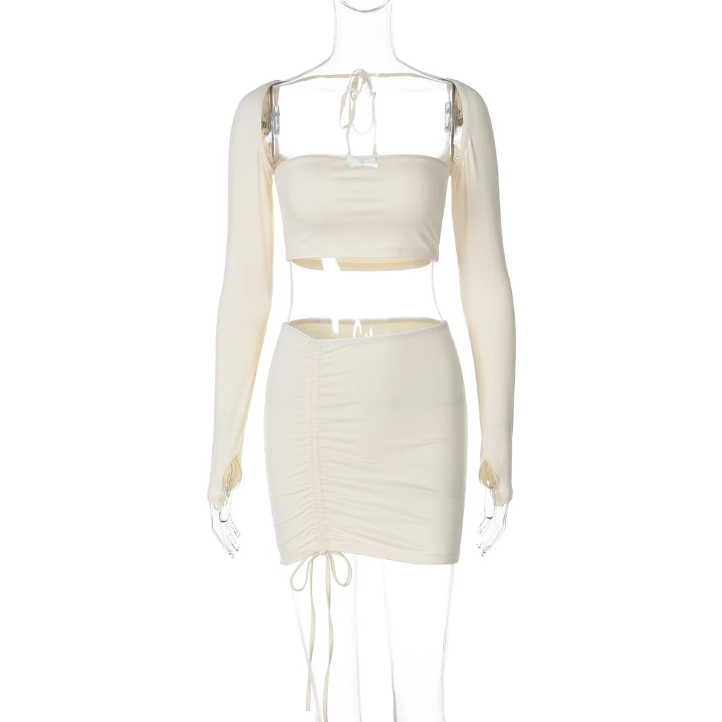 Bow Drawstring Long-sleeve Skirt European And American Lace Backless Long Sleeve Hook Finger Slim Fit Suit - Apricot