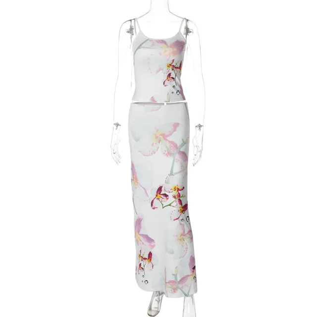 European And American Printed Camisole Slim Fit Long Dress Two piece Set White - Shop at LoveMi