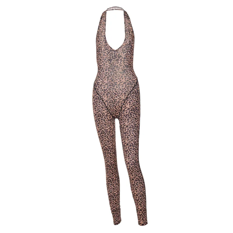 European And American Leopard Print Printed Sexy V-neck Backless Slim Fit Halter Jumpsuit - Leopard Print
