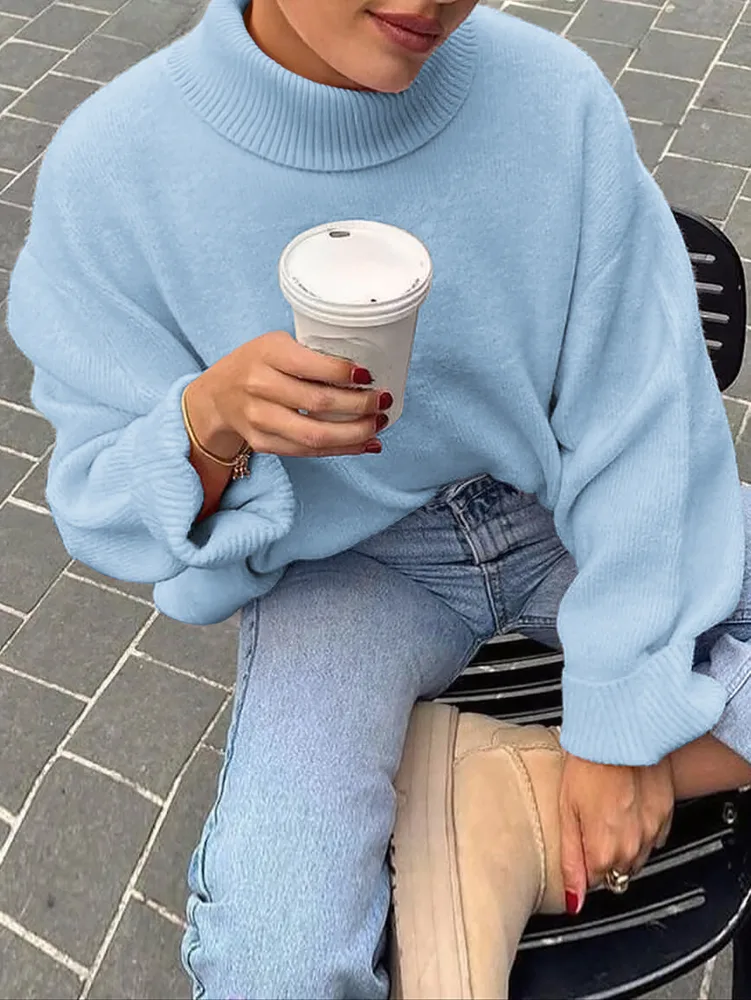 Sweet Crew Neck Pullover Sweater Winter Fashion Loose Long-sleeved Tops For Women Clothing - Light Blue