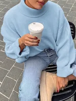 Sweet Crew Neck Pullover Sweater Winter Fashion Loose Long-sleeved Tops For Women Clothing - Light Blue