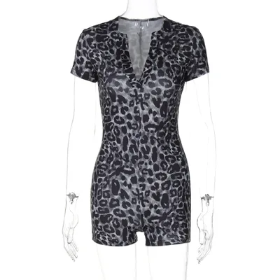 European And American Leopard Print Short Sleeve V neck Fashion Skinny Hip Raise Jumpsuit Grey - Shop at LoveMi