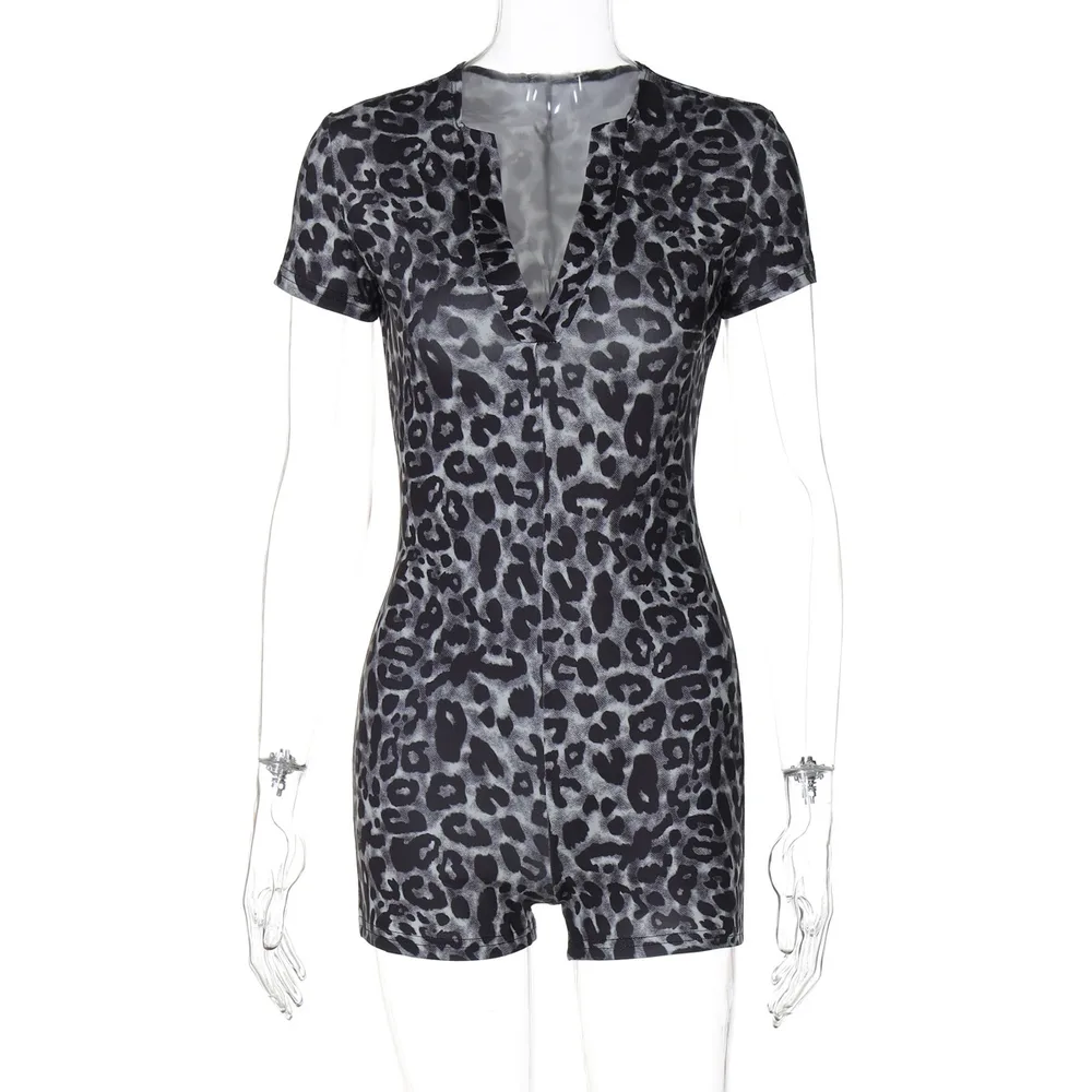 European And American Leopard Print Short Sleeve V-neck Fashion Skinny Hip Raise Jumpsuit - Grey