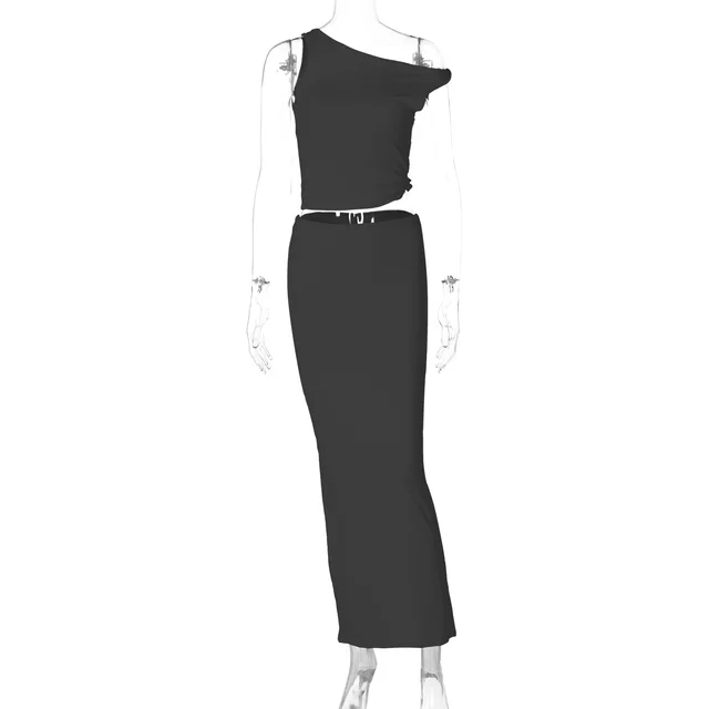 European And American Solid Color Sleeveless Vest Sheath Dress Two piece Set Fashion Suit Black - Shop at LoveMi