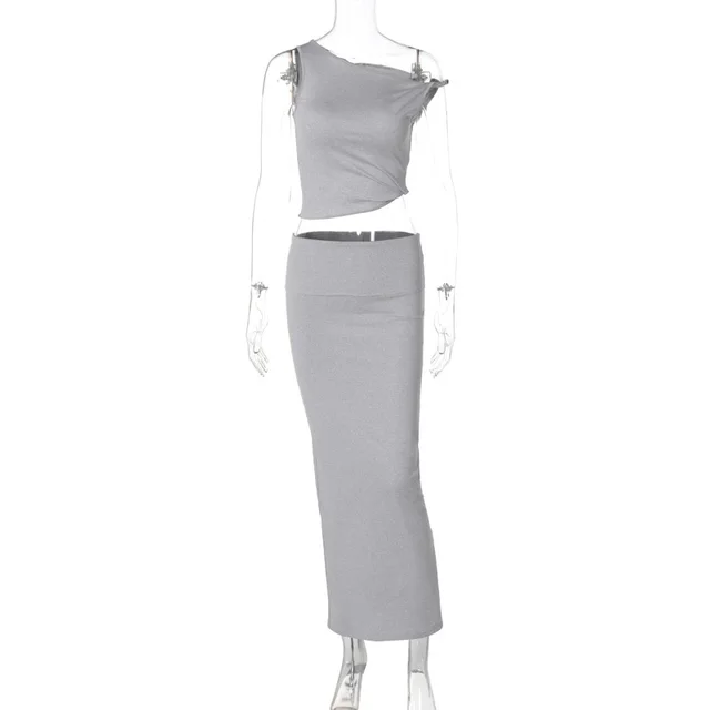 European And American Solid Color Sleeveless Vest Sheath Dress Two piece Set Fashion Suit Gray - Shop at LoveMi
