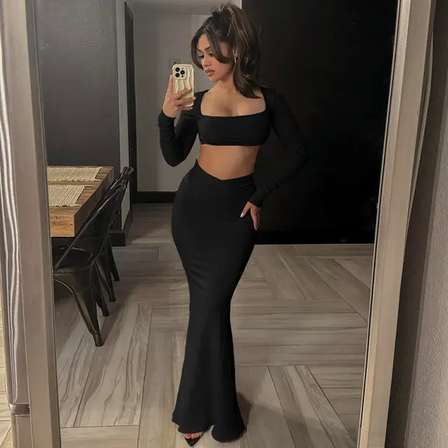 Solid Color Square Collar Short Top Fishtail Dress Two piece Suit Black - Shop at LoveMi