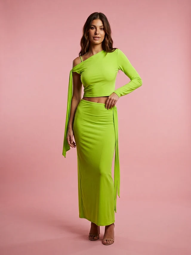 European And American Fashion Diagonal Collar Ribbon Skirt Two piece Suit Green - Shop at LoveMi