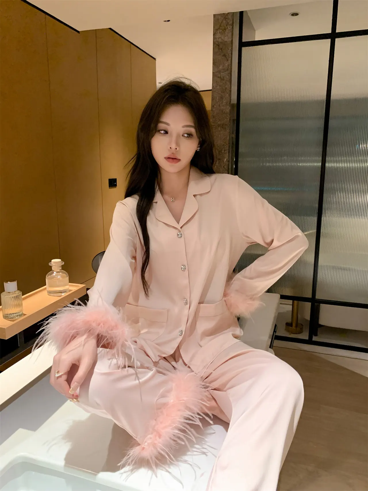 Ice Silk Long Sleeve Plus Size High-grade Solid Colour Suit - Pink