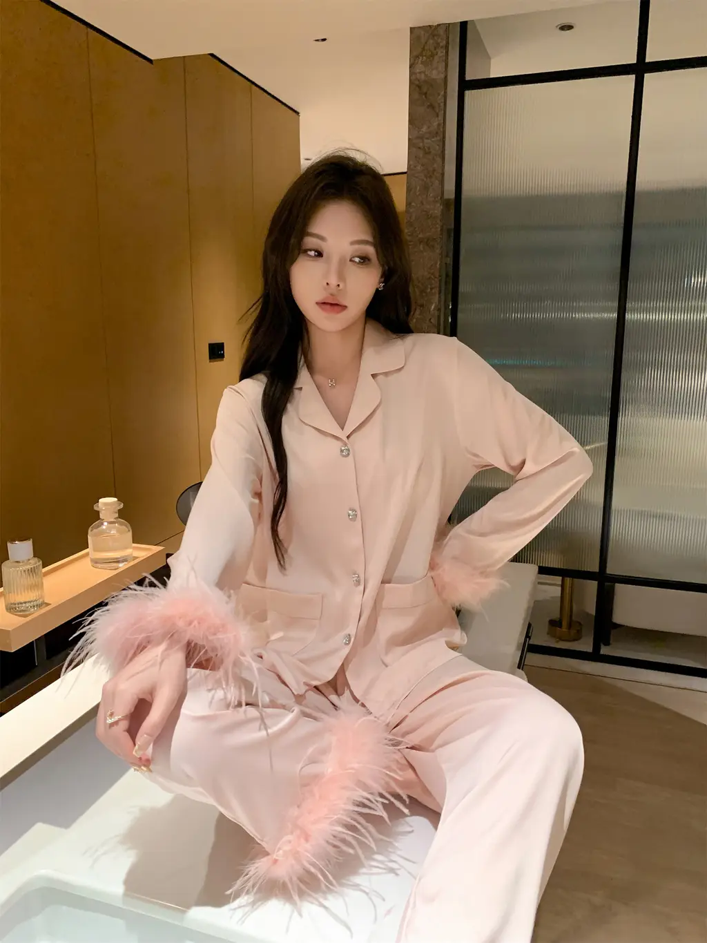 Ice Silk Long Sleeve Plus Size High-grade Solid Colour Suit - Pink