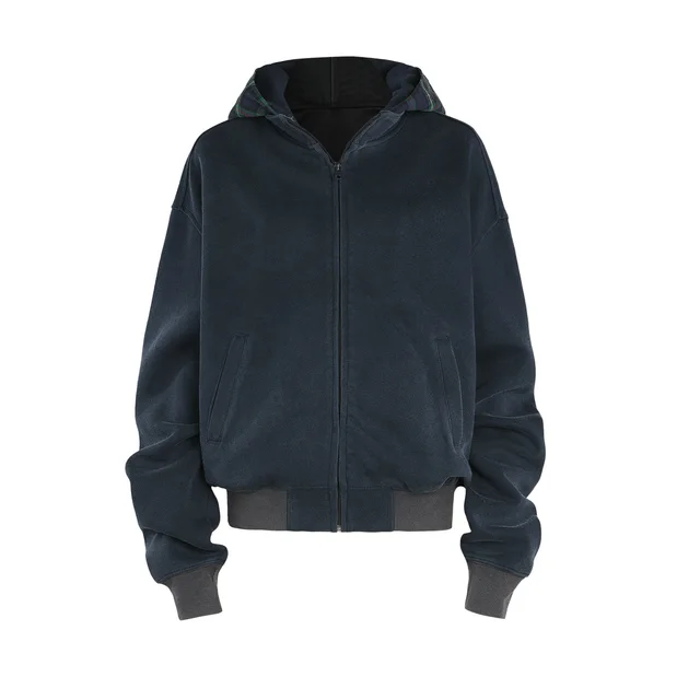 Heavy Washed Old Autumn And Winter American Fake Two piece Plaid Hooded Zipper Sweatshirt Blue - Shop at LoveMi