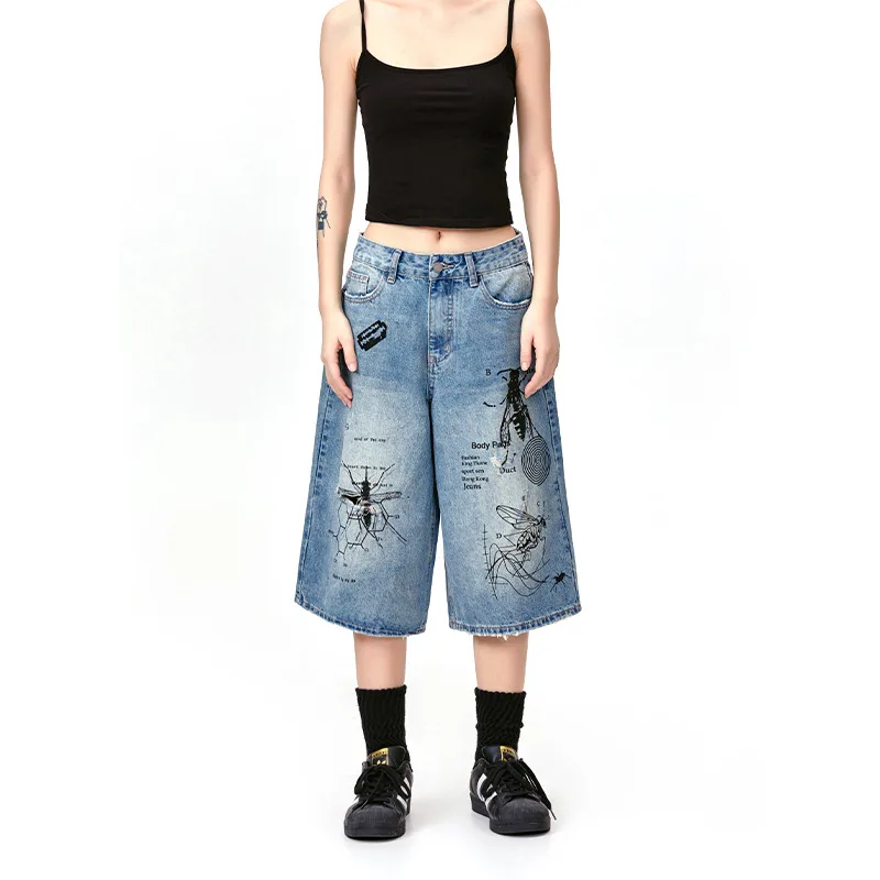 American Style Retro Street Graffiti Printing Destroyed Wormhole Cropped Jeans - Blue