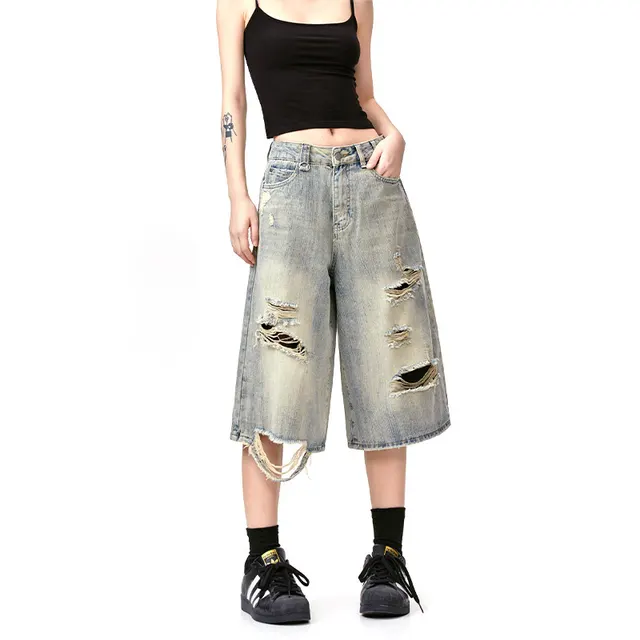 American Retro Wormhole Destruction Punk Rock Cropped Pants Blue - Shop at LoveMi