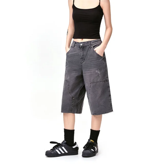 American Street Retro Washed Damaged Old Cat Beard Cropped Pants Denim Shorts Gray - Shop at LoveMi