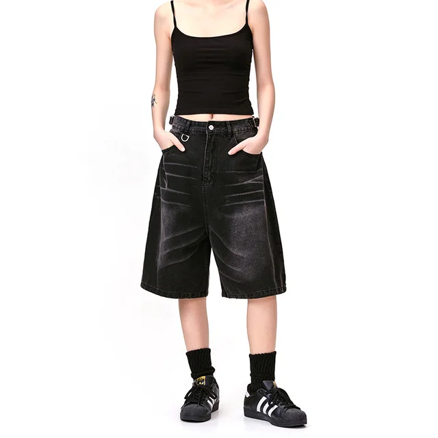 American Retro Denim Cropped Pants Washed Cat Beard Pattern Black - Shop at LoveMi
