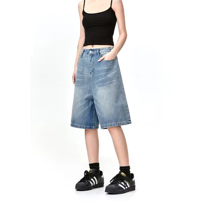 American Retro Denim Cropped Pants Washed Cat Beard Pattern Blue - Shop at LoveMi