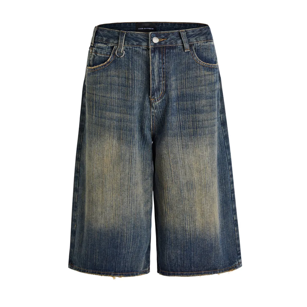Wide Leg Cropped Jeans Summer Retro Washed Distressed Straight - Blue