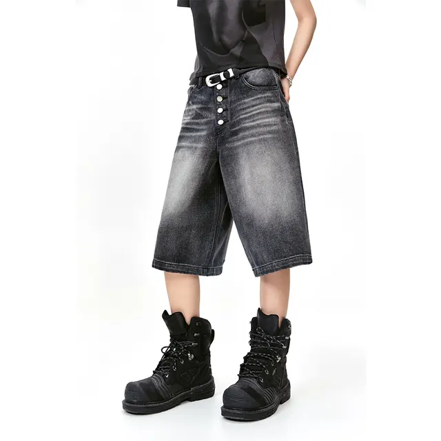 American style Retro Street Washed Leg White Cat Beard Corrugated Cropped Pants Black - Shop at LoveMi