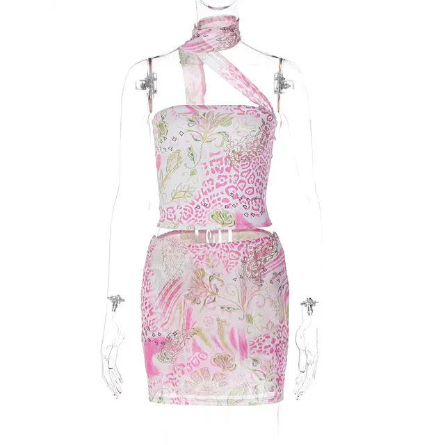 Halterneck Vest Short Hip hugger Printed Skirt Suit Pink - Shop at LoveMi