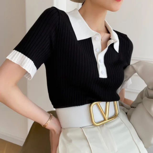 Contrast Color Polo Collar Ice Silk Knitted Short Sleeve T shirt Women's Thin Top Black - Shop at LoveMi
