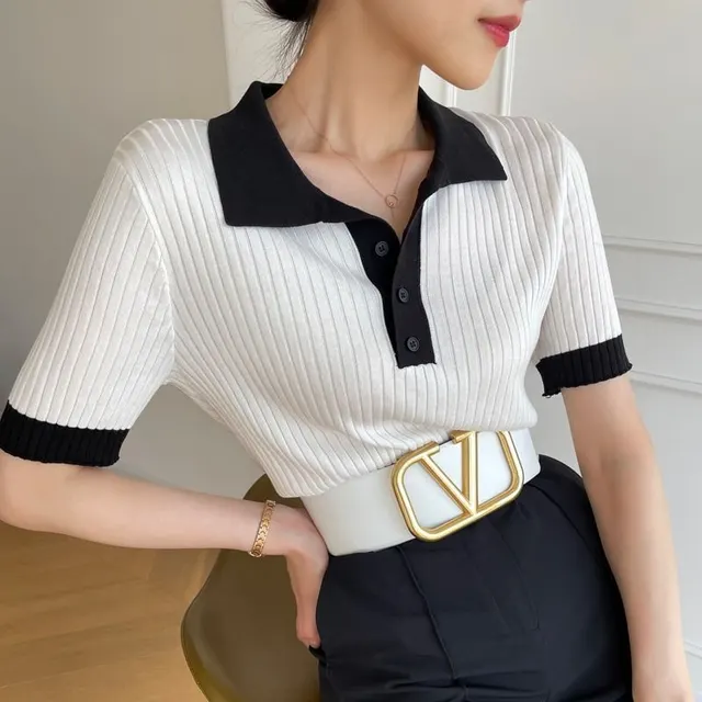 Contrast Color Polo Collar Ice Silk Knitted Short Sleeve T shirt Women's Thin Top White - Shop at LoveMi