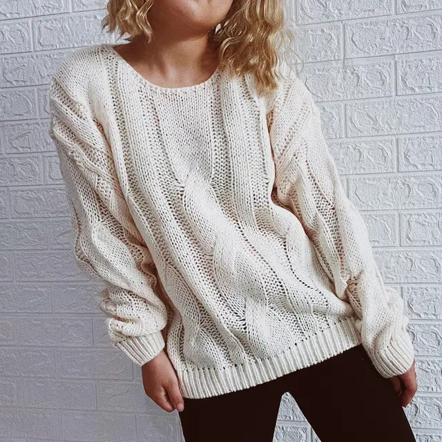 Round Neck Long Sleeve Large Hemp Flowers Sweater Beige - Shop at LoveMi