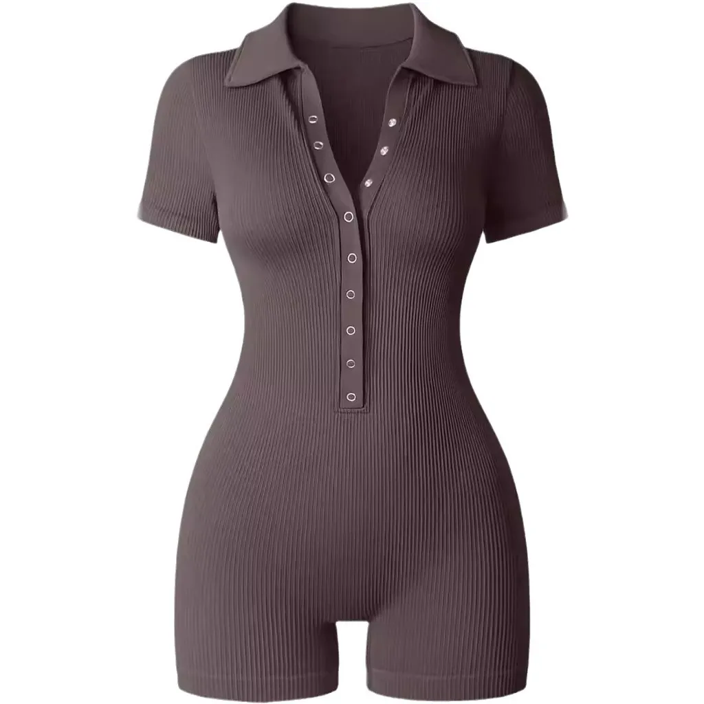 European And American Rib V-neck Elastic Waist-tightening Sports Women's Yoga Jumpsuit - Tea Colour - View 1