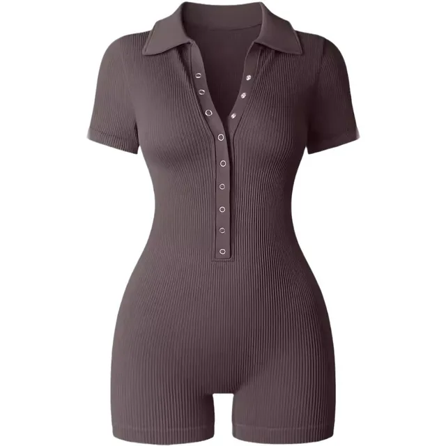 European And American Rib V neck Elastic Waist tightening Sports Women's Yoga Jumpsuit Tea Color - Shop at LoveMi