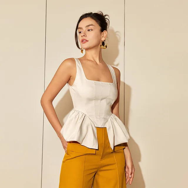 Women's Top Shirt Square Collar Irregular Spaghetti strap Vest Beige - Shop at LoveMi