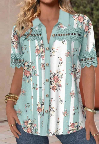 Women's Casual Shirt Collar Short Sleeve Regular Cardigan Digital Printing Blouse 3Picture Xxxl - Shop at LoveMi